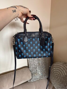 Coach Black Leather Satchel with Blue Floral Print